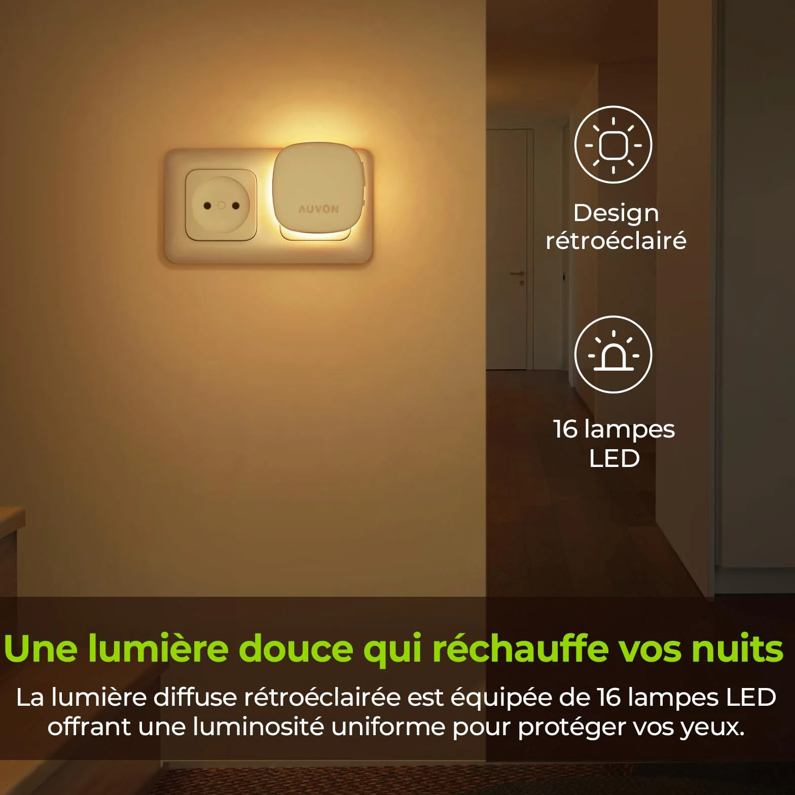 AUVON Lot de 2 veilleuses LED avec détecteur de mouvement, luminosité réglable 1-50 lm, blanc chaud
