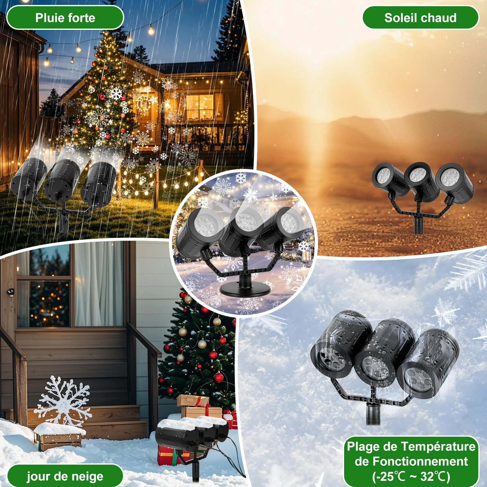 Charmofun Projecteur de Noel Exterieur 3 Têtes Flocons de Neige Dynamique IP44 Étanche Temporisé Déco Lumineuse Noël