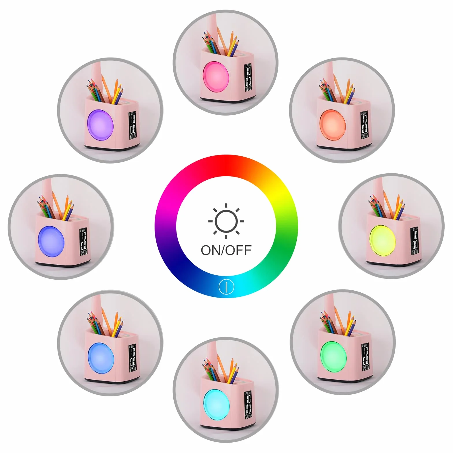 Lampe de Bureau LED Enfant avec Horloge, Réveil, Calendrier, Thermomètre, RGB et Porte-Stylo, Réglable, Protection des Yeux, Rose