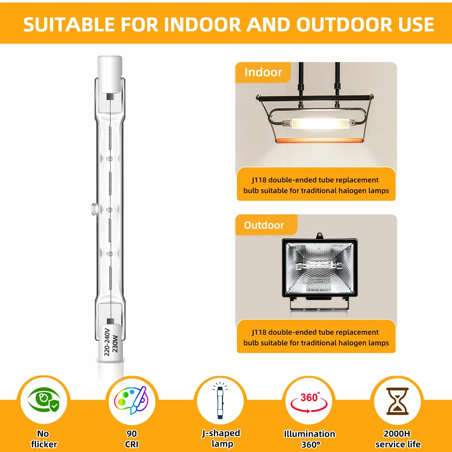 Ampoule Halogène R7S 118mm 230W Dimmable 2700K Blanc Chaud 4650LM AC 230V J118