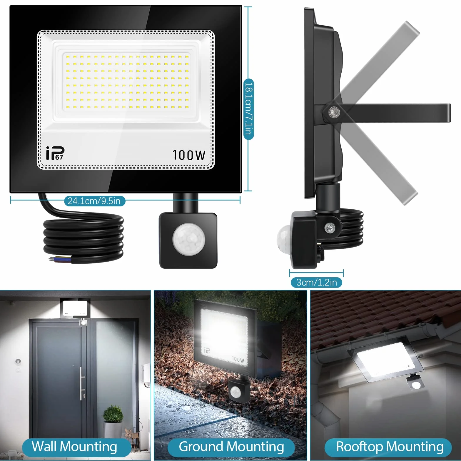 Projecteur LED Detecteur de Mouvement 100W 10000lm 7000K Blanc Froid IP67 Etanche Exterieur