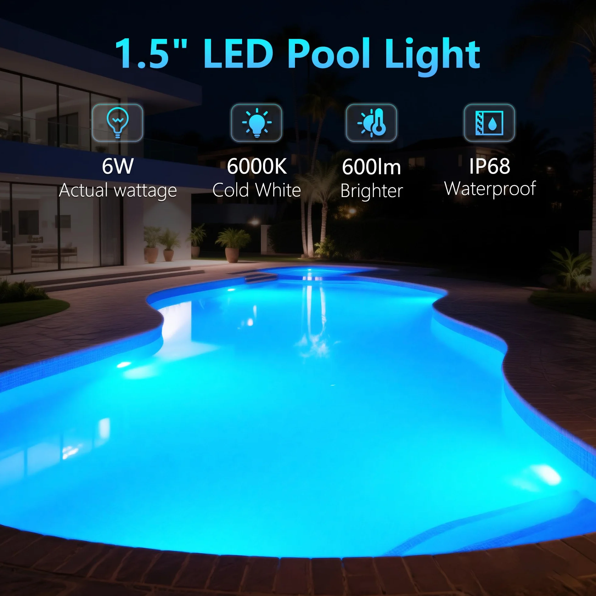 Mini Projecteur Piscine Vissable 1,5" 6W LED 6000K 600lm IP68 Lampe Piscine 12V AC/DC