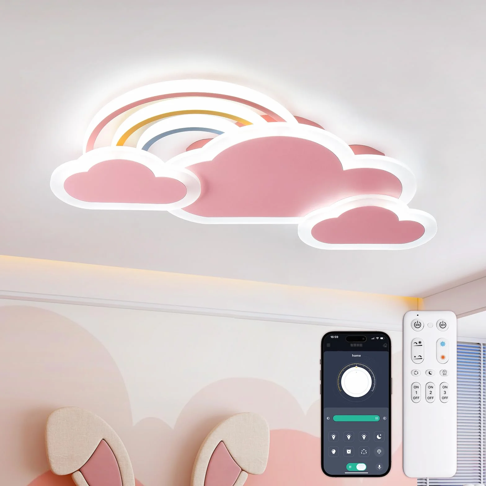 Plafonnier LED Enfant 30W 55cm Nuages Arc-En-Ciel Dimmable Télécommande APP Rose