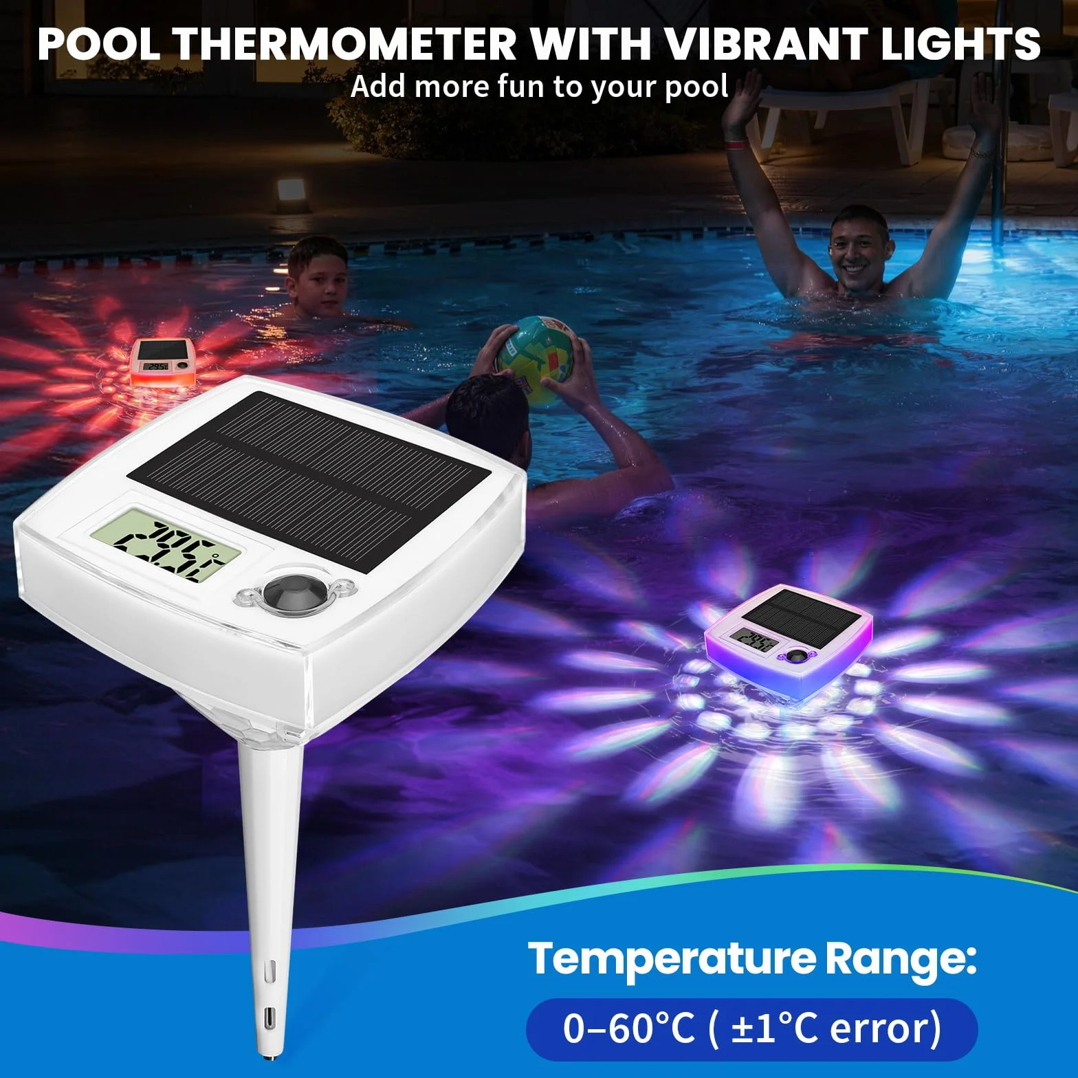 Thermomètre Piscine Flottant Solaire IP68 avec 8 Effets Lumineux