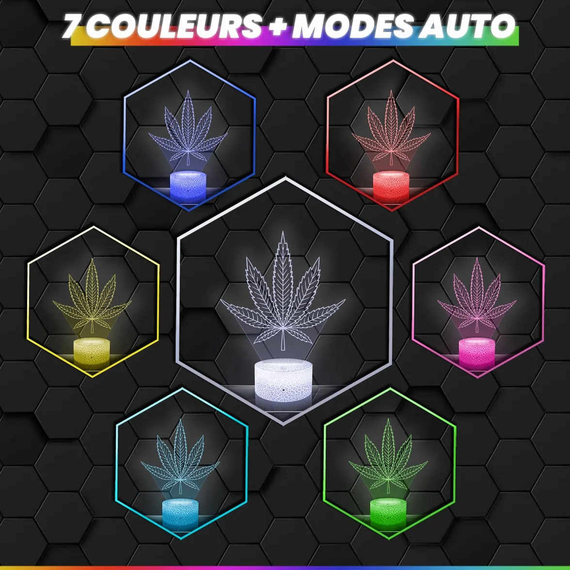 Lampe 3D Feuille de Cannabis, Veilleuse Tactile LED Illusion Hologramme, Idée Cadeau Noël Anniversaire