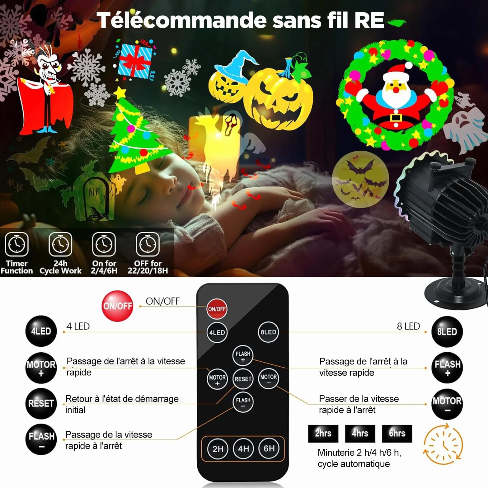 Projecteur Noël Extérieur LED 10 Diapositives HD 80 Motifs avec Télécommande Minuteur Étanche