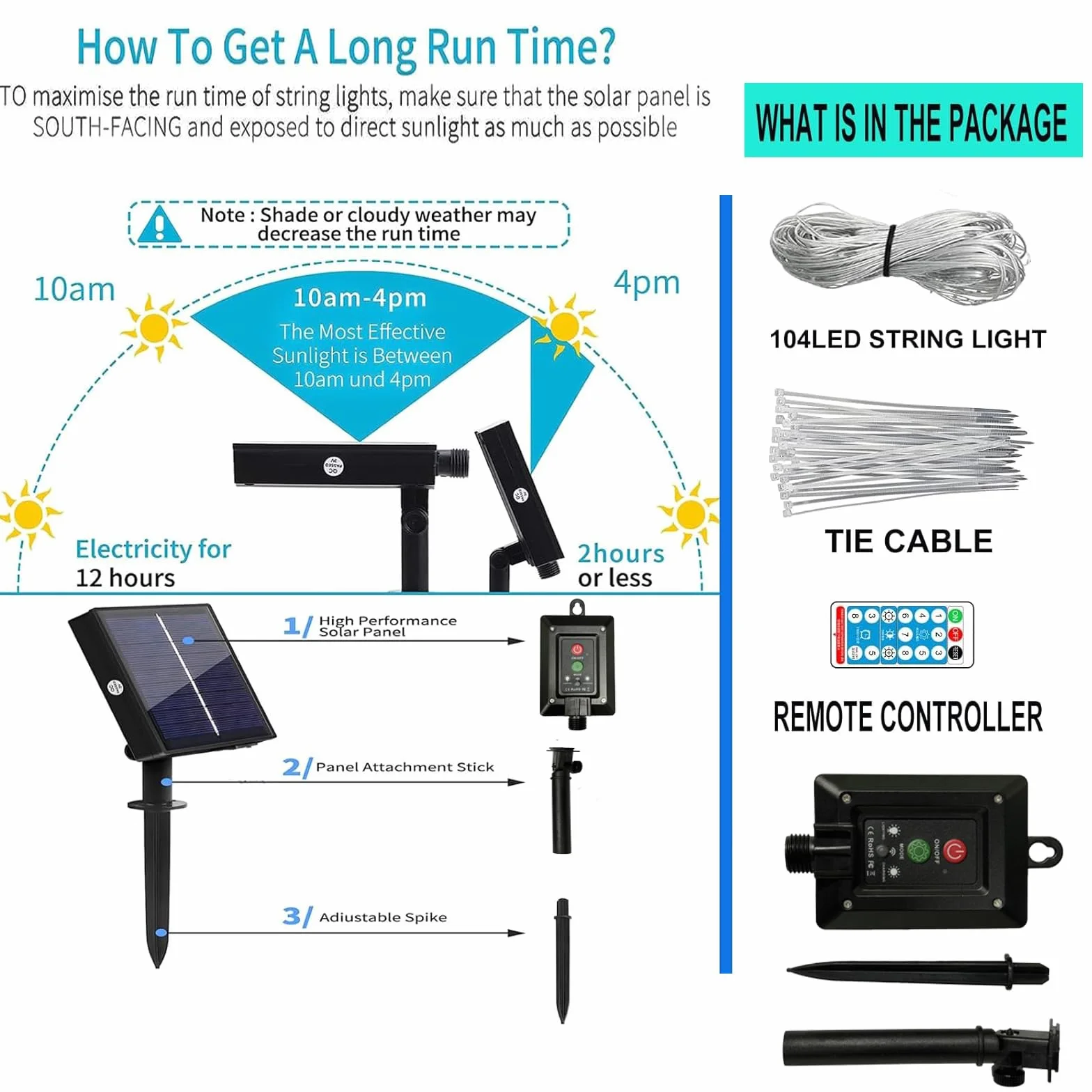 KINGCOO Éclairage à DEL pour parasol de terrasse, solaire étanche 104, 8 modes avec télécommande