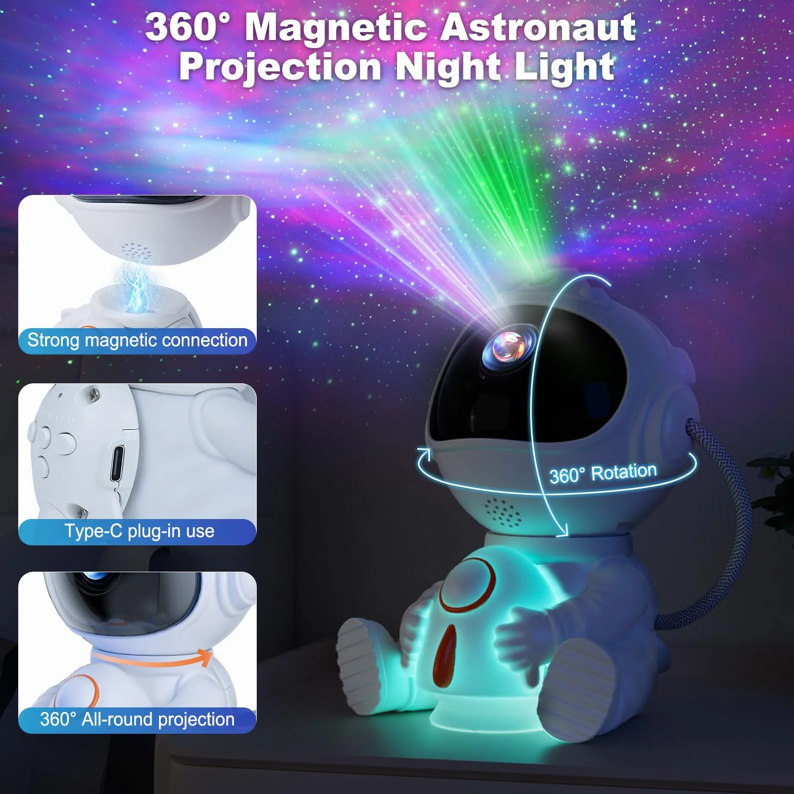 Astronaute Projecteur LED Ciel Étoilé 8 Modes Nébuleuses 5 Modes Luminosité Vitesse 2 Étoiles Galaxie Veilleuse Fusée