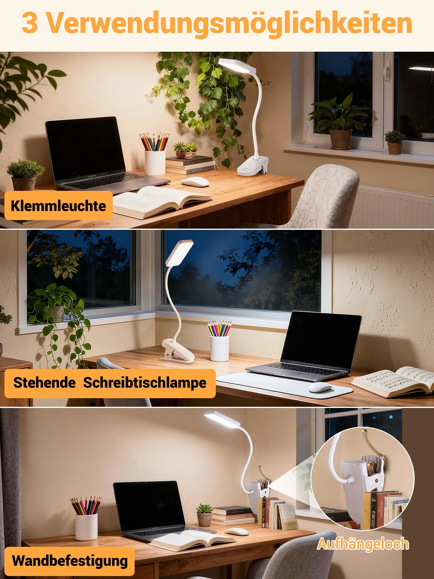 Lampe de Lecture à Pince 5 Couleurs 9 Luminosité Lampe LED Rechargeable 4000mAh 450 Lumen Sans Fil Flexible