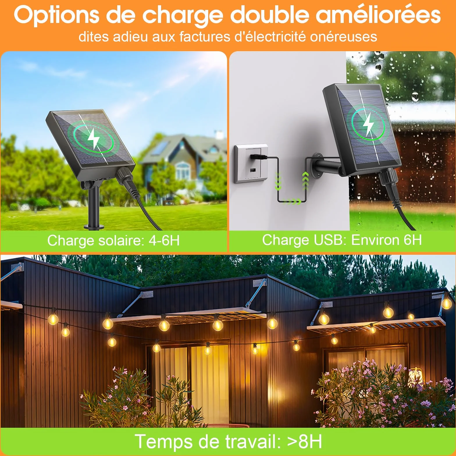 Guirlande Lumineuse Extérieure Solaire LED 15M 20+1 Ampoules 8 Modes IP44 Étanche avec Télécommande