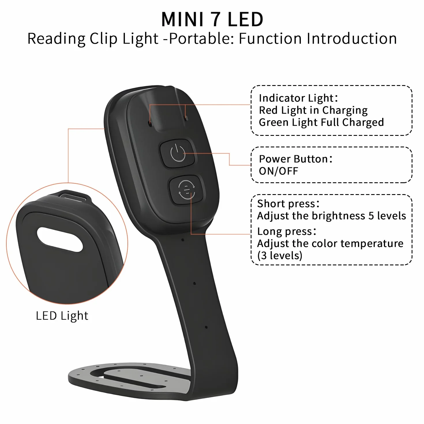 QUMOX Lampe de lecture rechargeable à pince 7 LED luminosité réglable 3 températures de couleur compacte portable