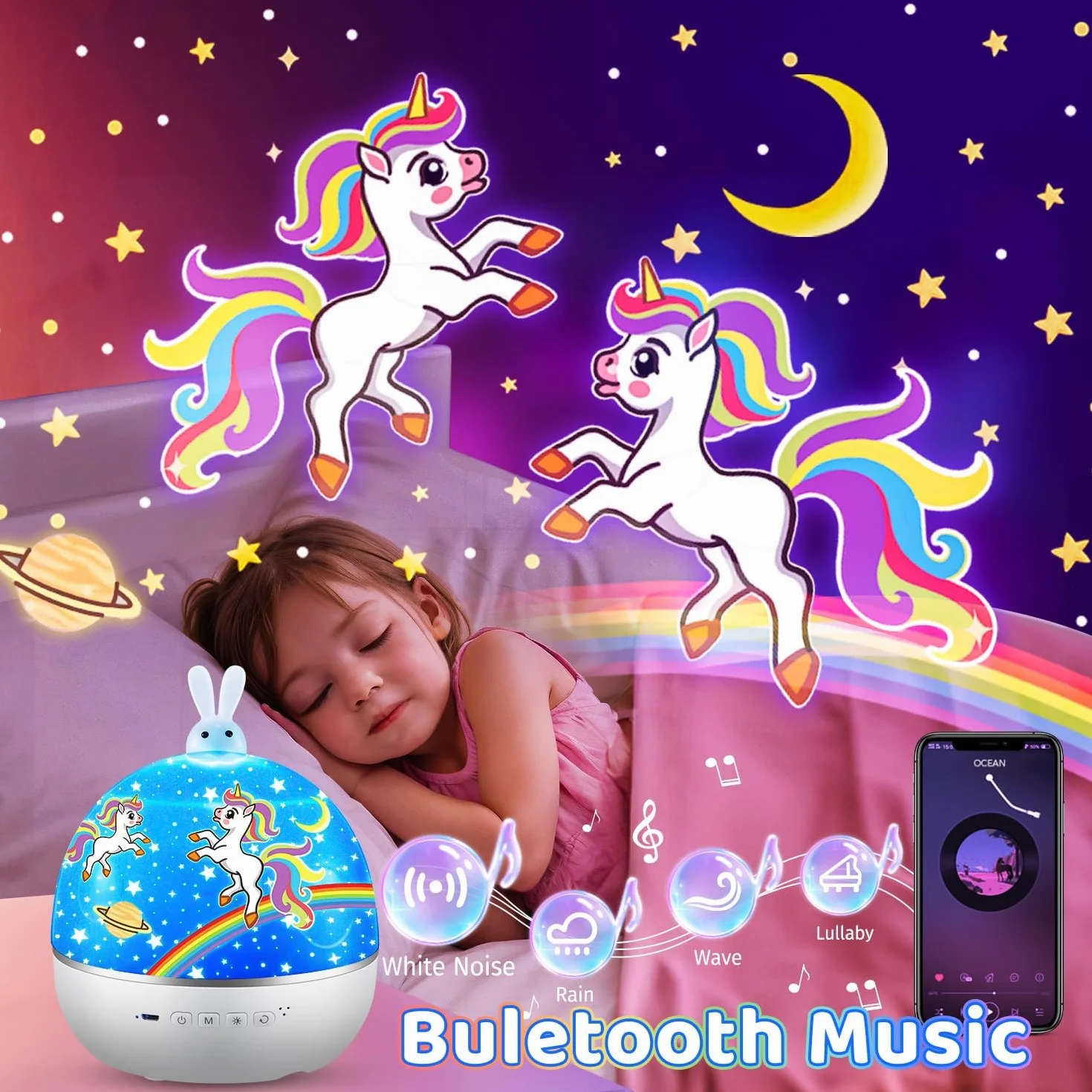 Veilleuse Bébé Projecteur Ciel Étoilé Bluetooth Musicale 360° Rotation Télécommandé
