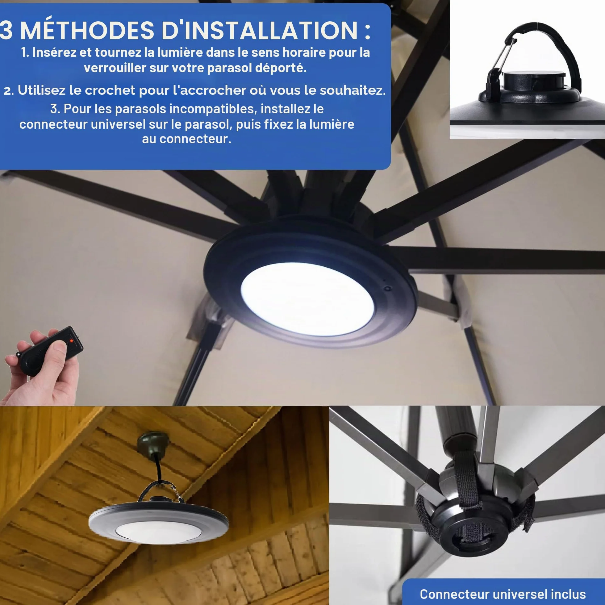 Parapluie rechargeable avec télécommande 3 modes luminosité parasol déporté extérieur jardin noir