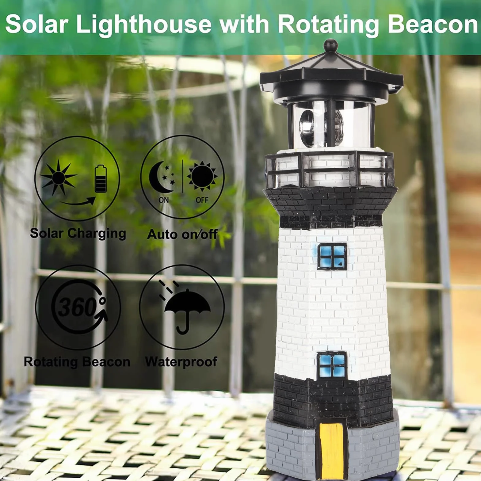 Solar Lighthouse 360° Rotating LED Garden Decoration Resin Black