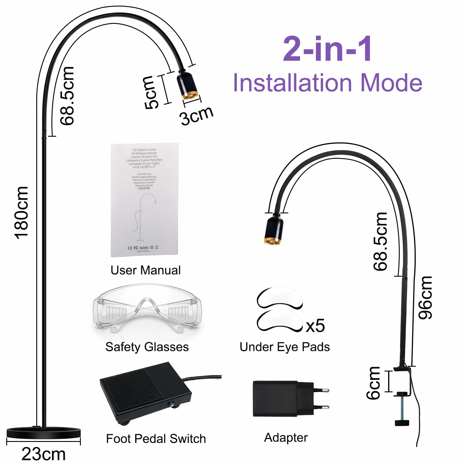 Lampe UV à Cils 10W 2 en 1 avec Interrupteur à Pédale, Durcissement Rapide 2-3 Secondes, Col de Cygne Flexible 360°, Taille de Spot Réglable Noir
