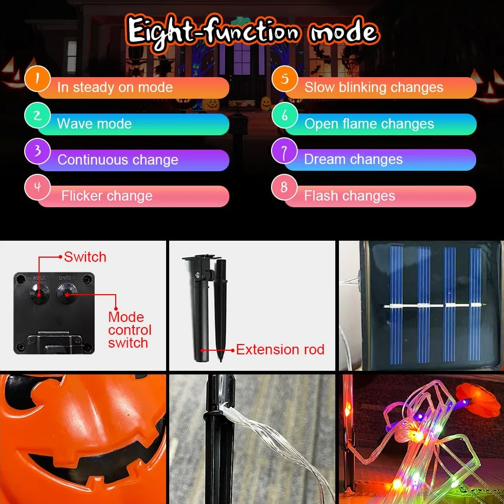 Décoration d'Halloween extérieure 6 pièces, lampes solaires LED, lanterne, pierre tombale