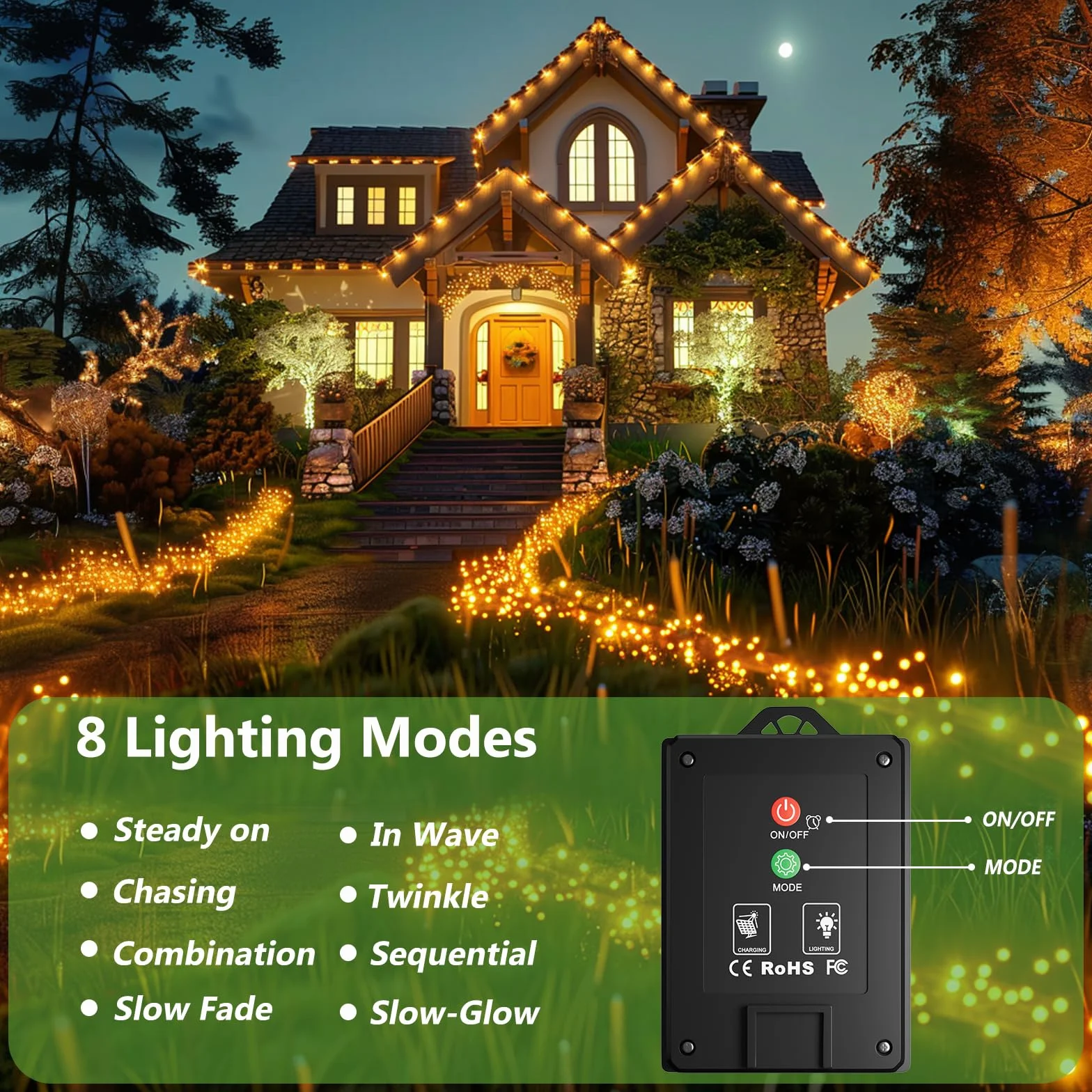 Guirlandes solaires d'extérieur IP65 8 modes 16+2m 160 LED Blanc chaud Lot de 2