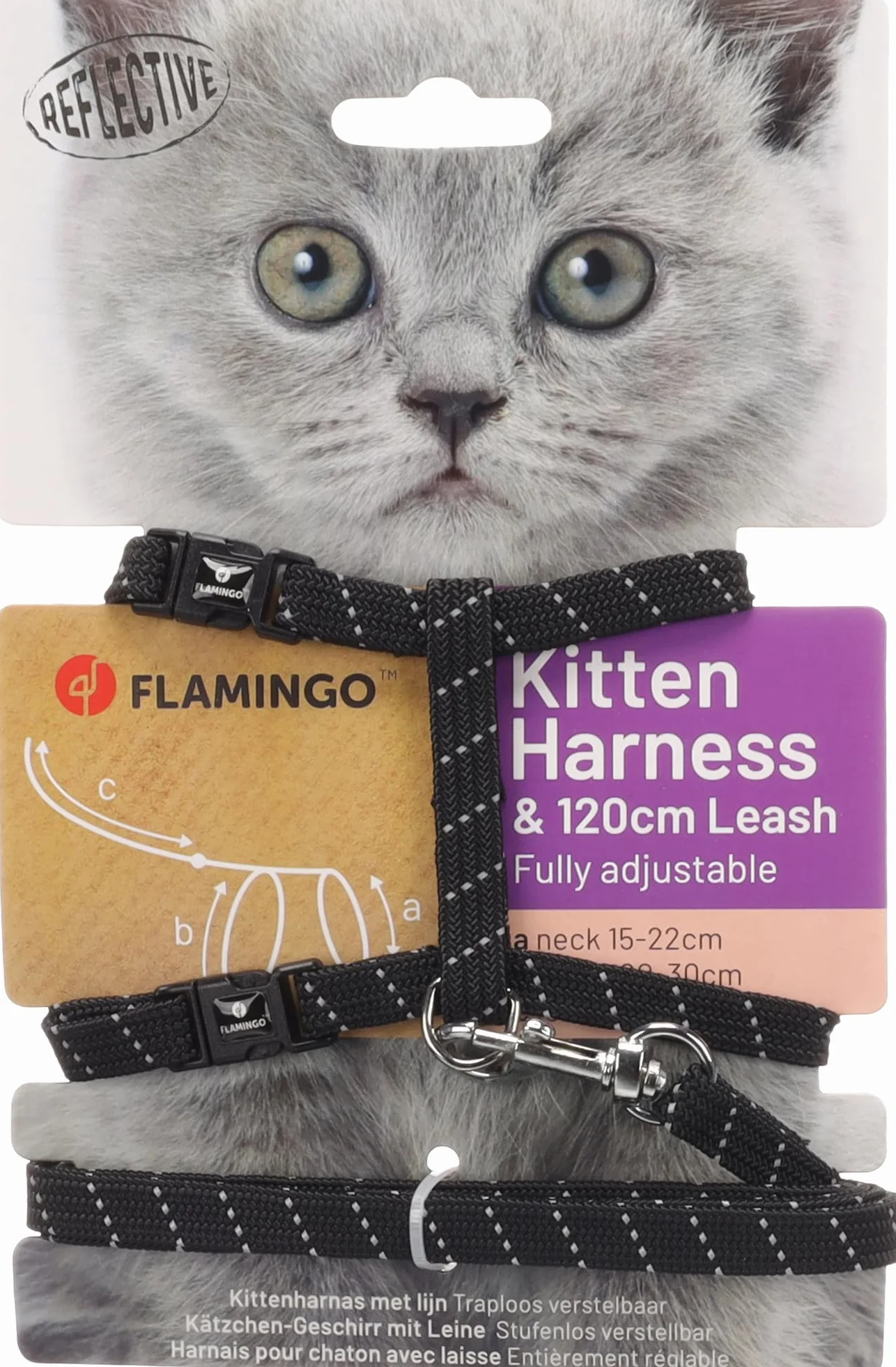Harnais pour Chat Elza Noir 15-22cm 20-30cm Laisse 120cm Nylon réglable réfléchissant Mousqueton
