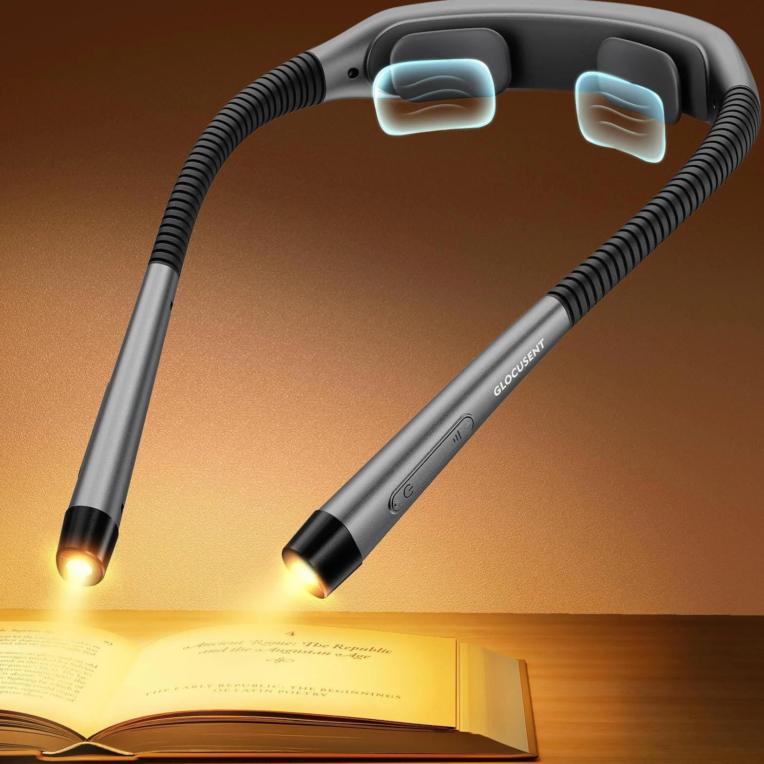 Glocusent Lampe tour de cou, lampe de lecture 3 couleurs 5 niveaux luminosité, rechargeable 100 heures
