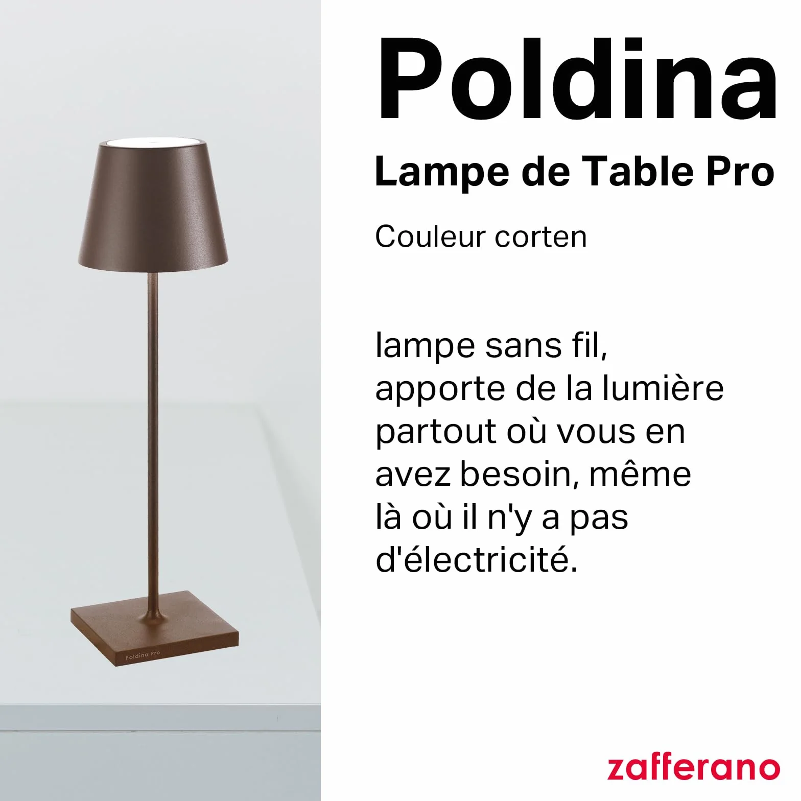 Zafferano Poldina Pro Lampe de Table Rechargeable Sans Fil Contrôle Tactile Dimmer 2200-3000 K Hauteur 38 cm Couleur Corten