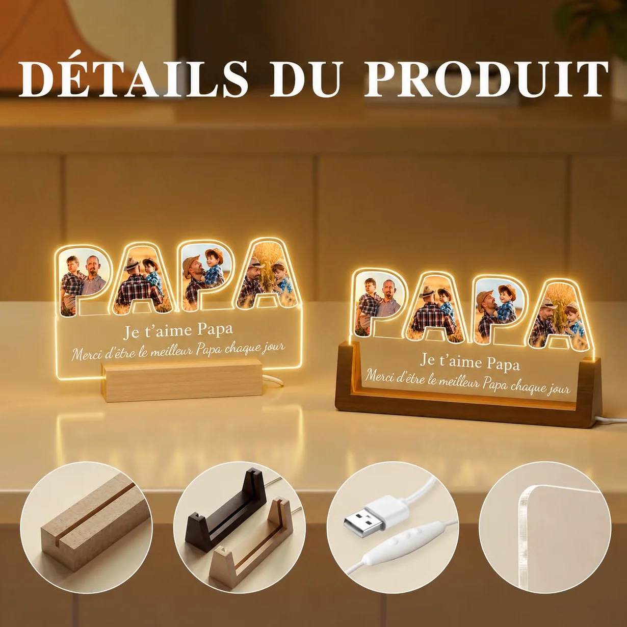 Bemaystar Lampe Personnalisé Cadeau Fête des Pères Cadre Photo pour Papa