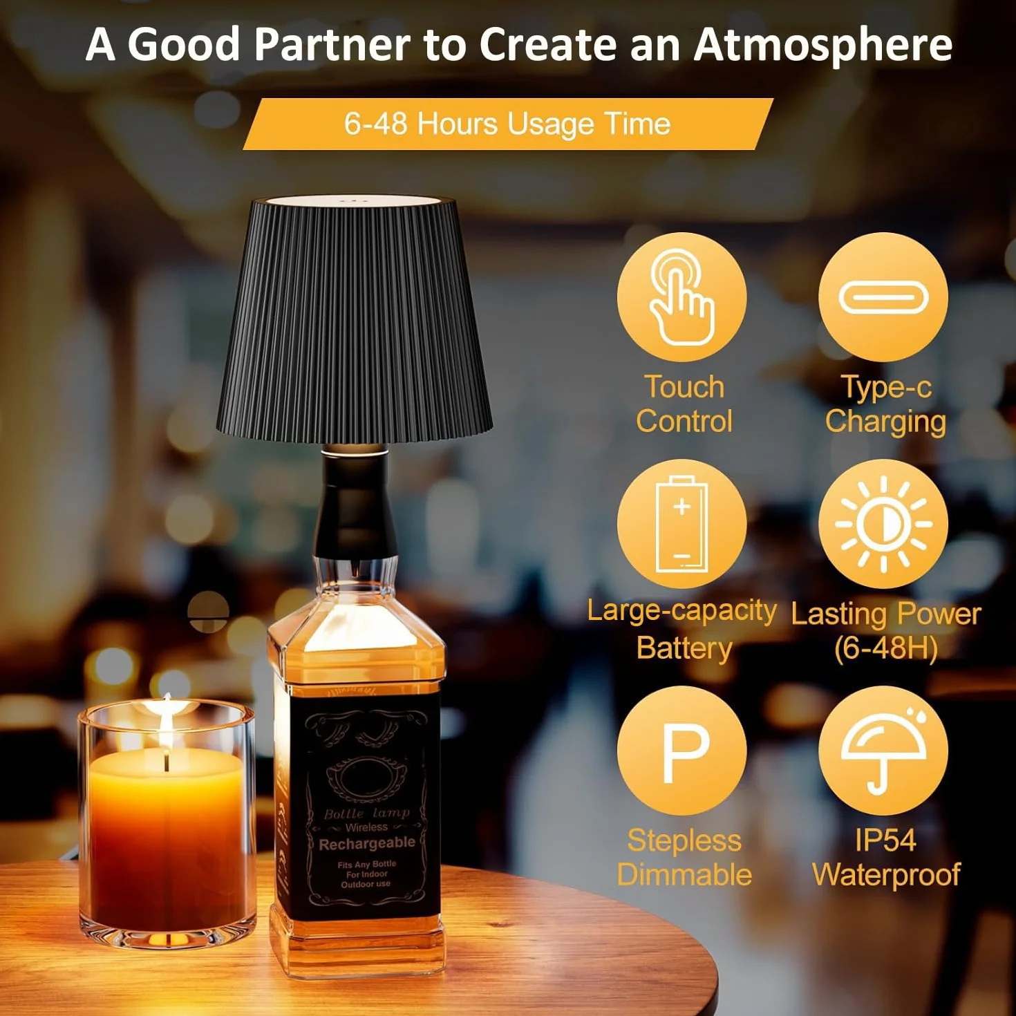 Lampe Bouteille LED Rechargeable IP54 Sans Fil, Tactile 3 Modes Température Couleur Réglable