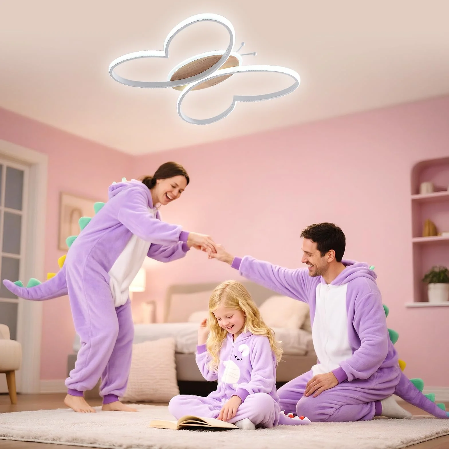 Lampe Plafond Chambre Enfant 58W LED Avec Télécommande Fonction Veilleuse Papillon Blanc