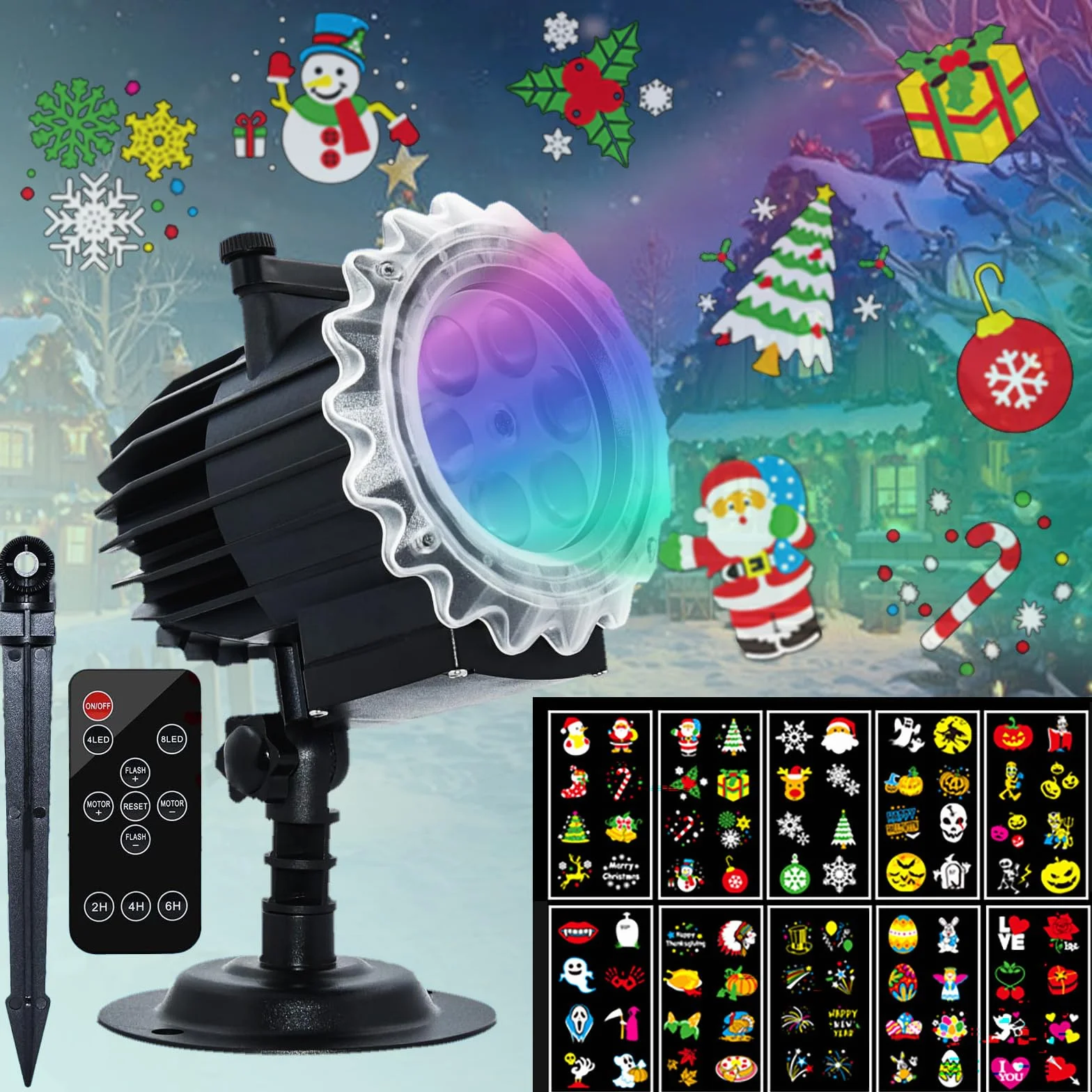 Projecteur Noël Extérieur LED 10 Diapositives HD 80 Motifs avec Télécommande Minuteur Étanche