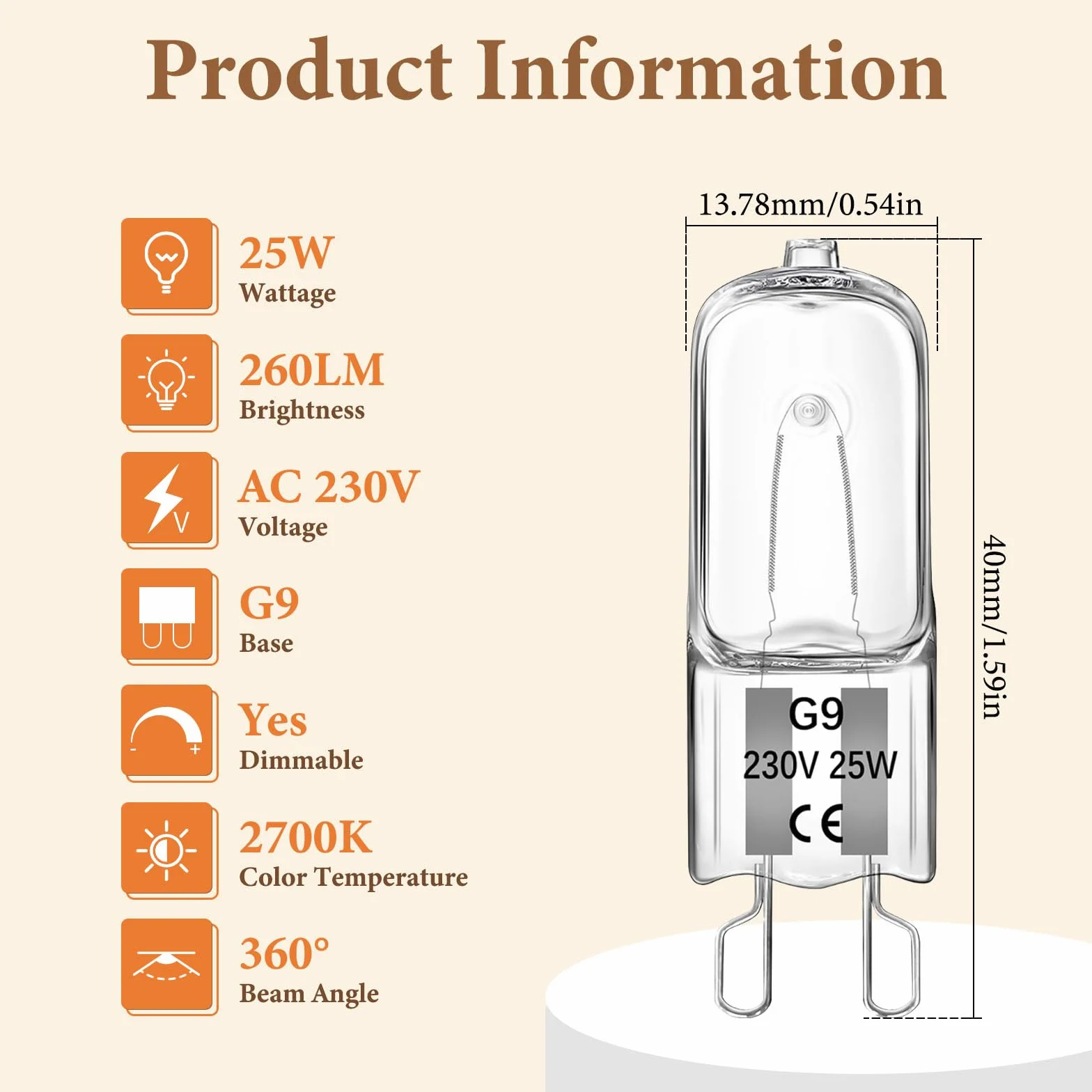 Ampoule Halogène G9 25W Dimmable Résistante à la Chaleur 300°C Blanc Chaud 230V 2700K pour Four