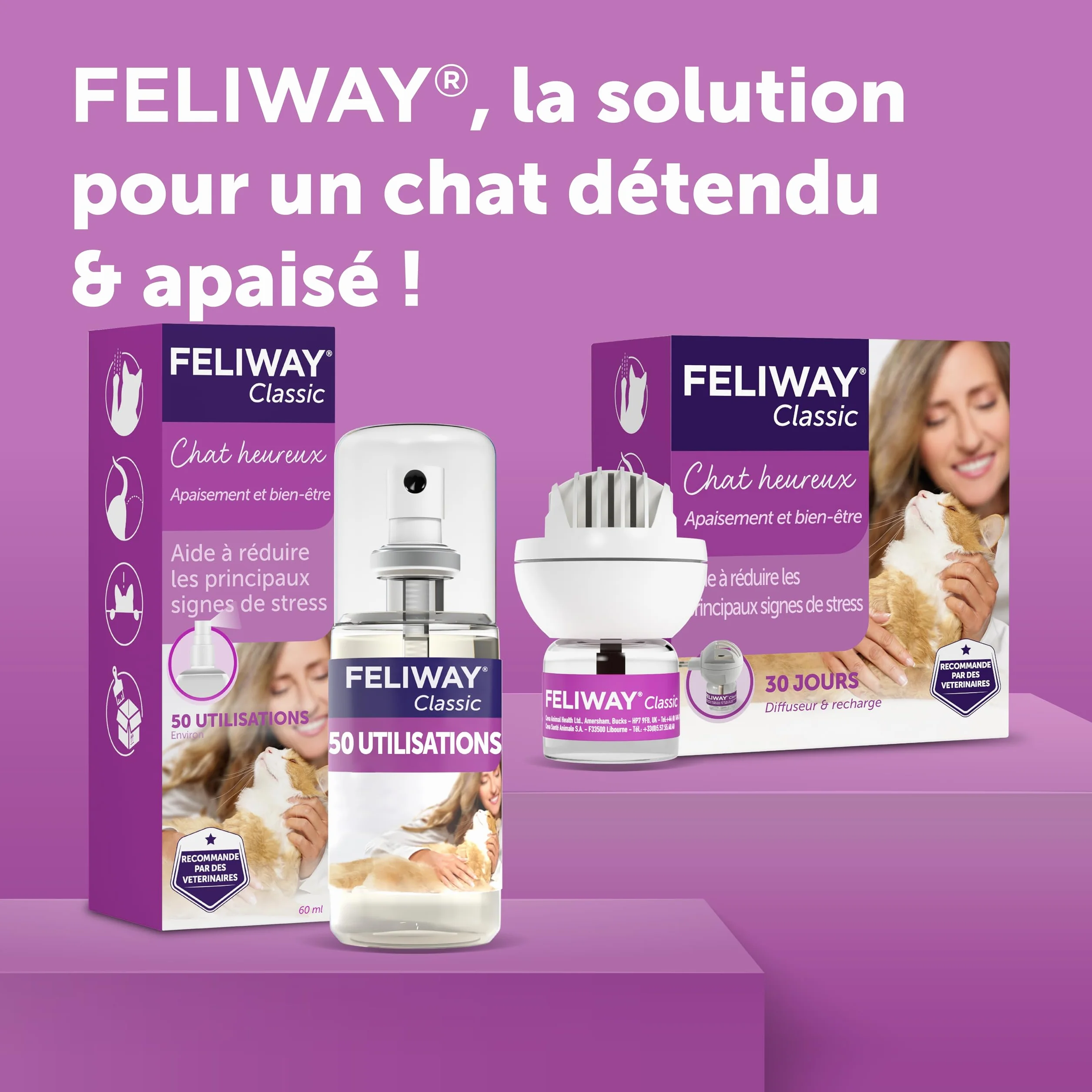 FELIWAY Classic Spray 60 ml - Phéromones Apaisantes pour Chats - Apaise le Stress et le Transport