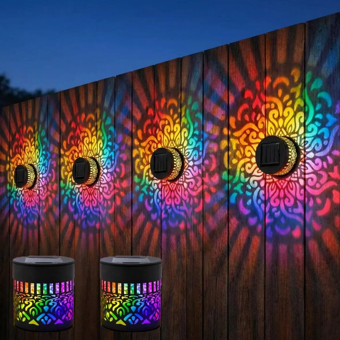 Lot de 2 appliques murales solaires mandala sept couleurs changeantes lampe de projection décorative d'extérieur en métal étanche