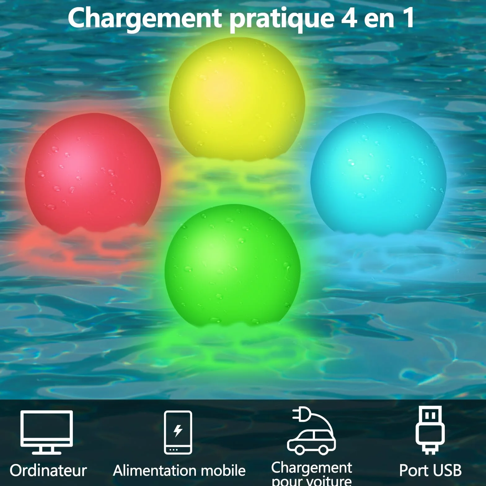Lot de 4 lampes de piscine flottantes RVB 16 couleurs avec télécommande étanches