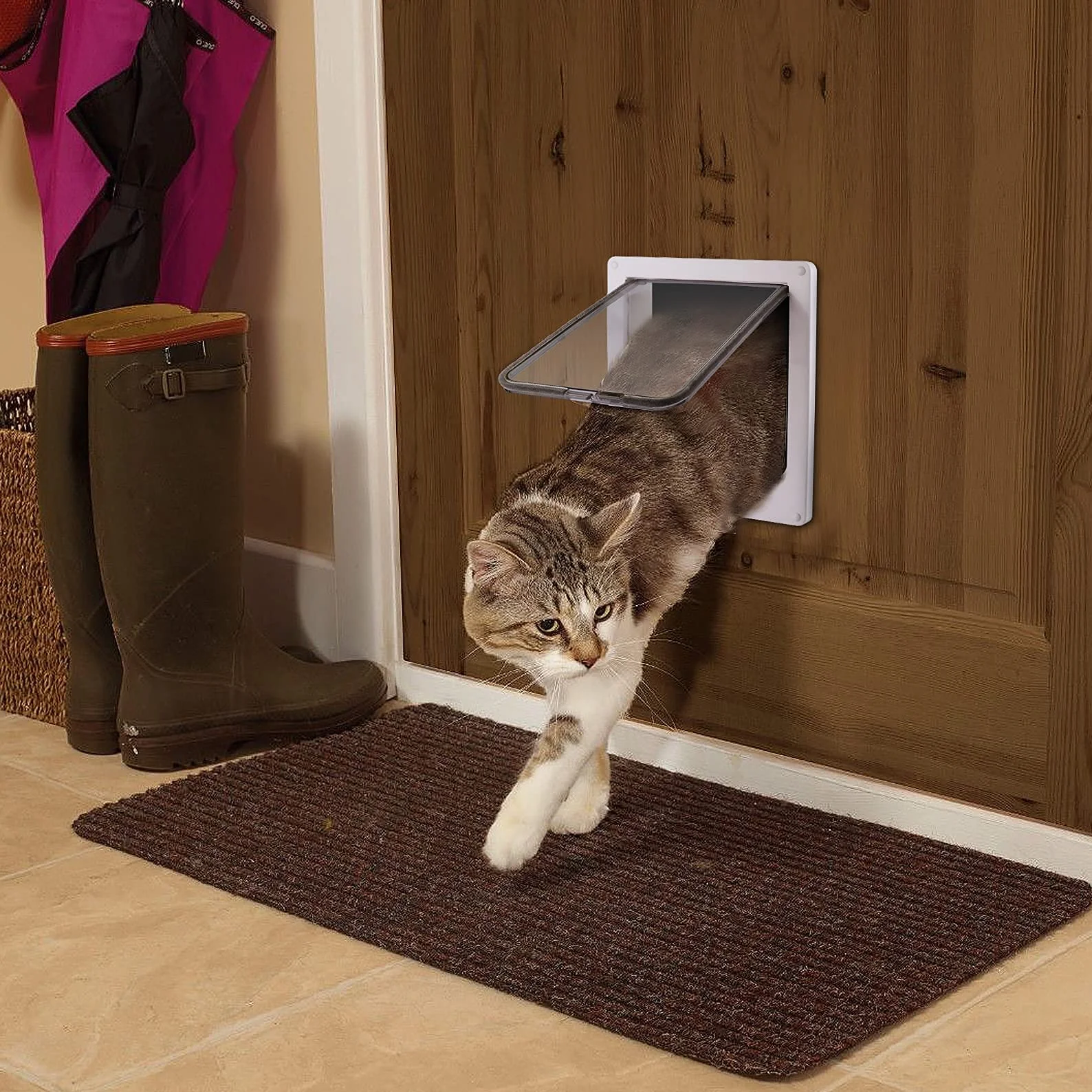 Chatière magnétique 4 Voies pour Chat et Petit Chien, Porte Animaux Tunnel L-23,5x27x5,5cm Blanc