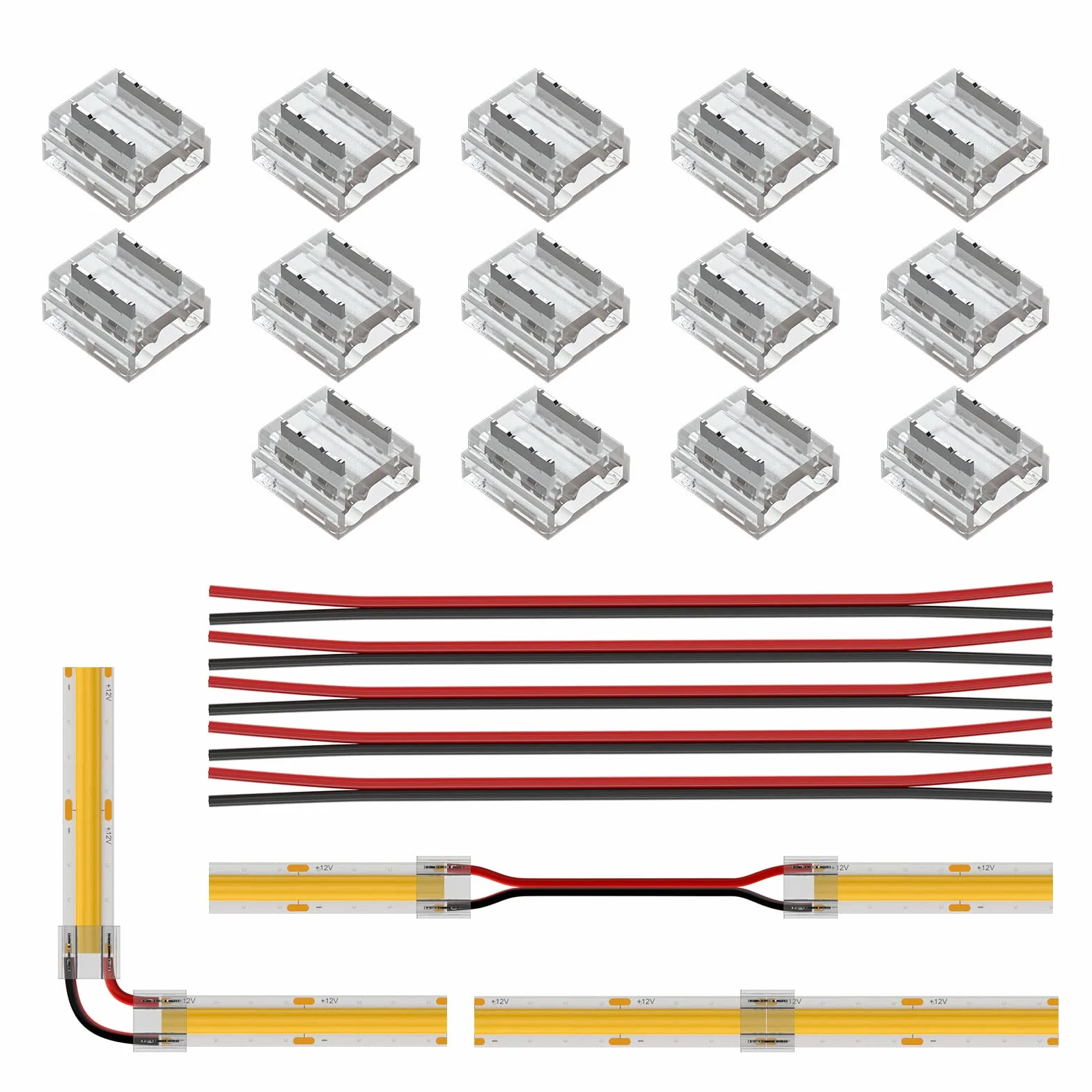 BTF-LIGHTING Kit connecteurs FCOB COB 8mm 14pcs transparent 5pcs 15cm 20AWG fils extension sans soudure bande connexion angle