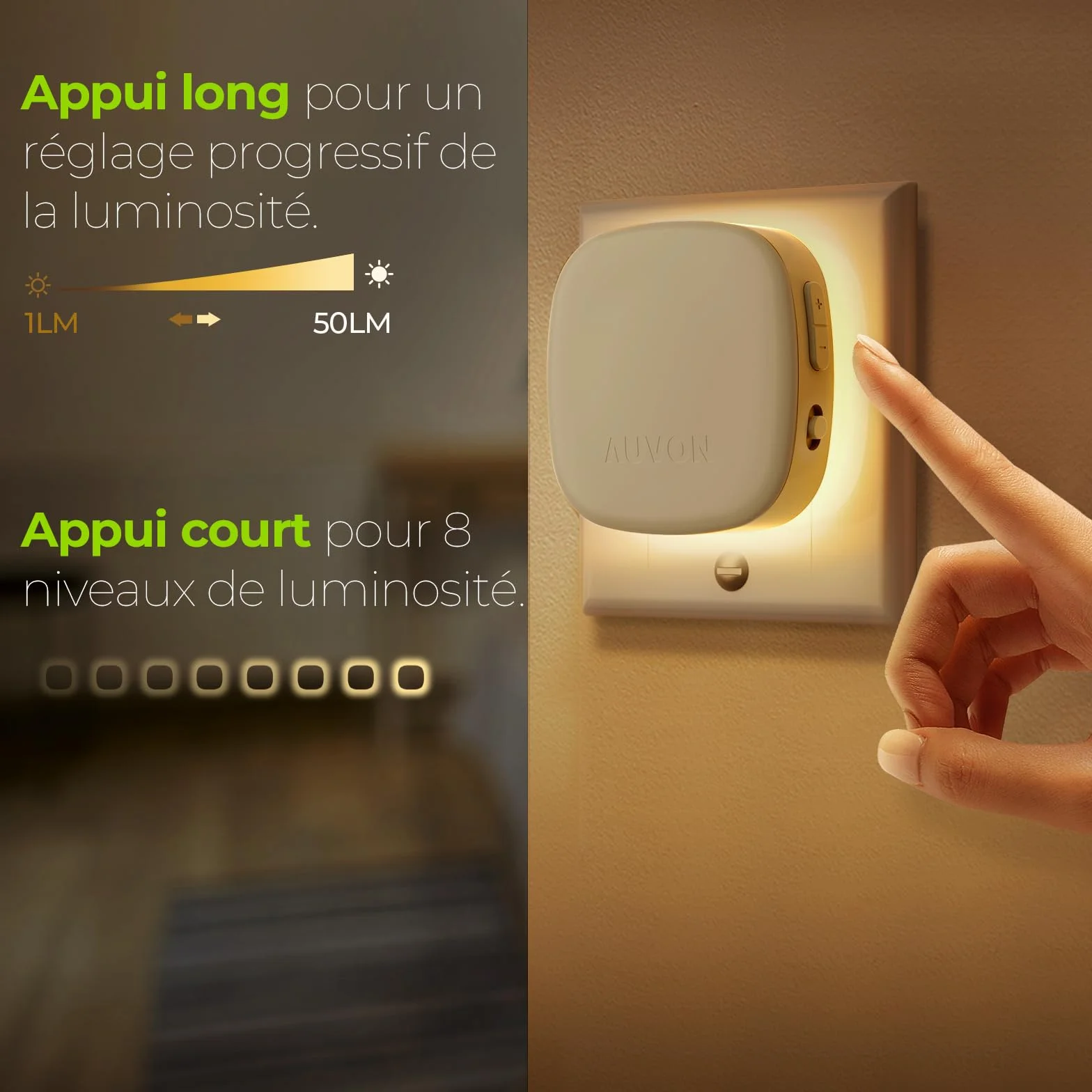 AUVON Lot de 2 veilleuses LED avec détecteur de mouvement, luminosité réglable 1-50 lm, blanc chaud