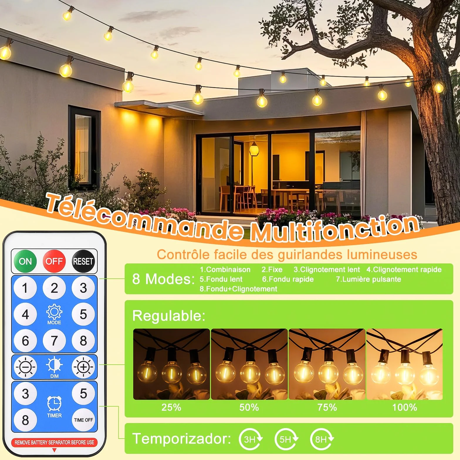Guirlande Lumineuse Extérieure Solaire LED 15M 20+1 Ampoules 8 Modes IP44 Étanche avec Télécommande