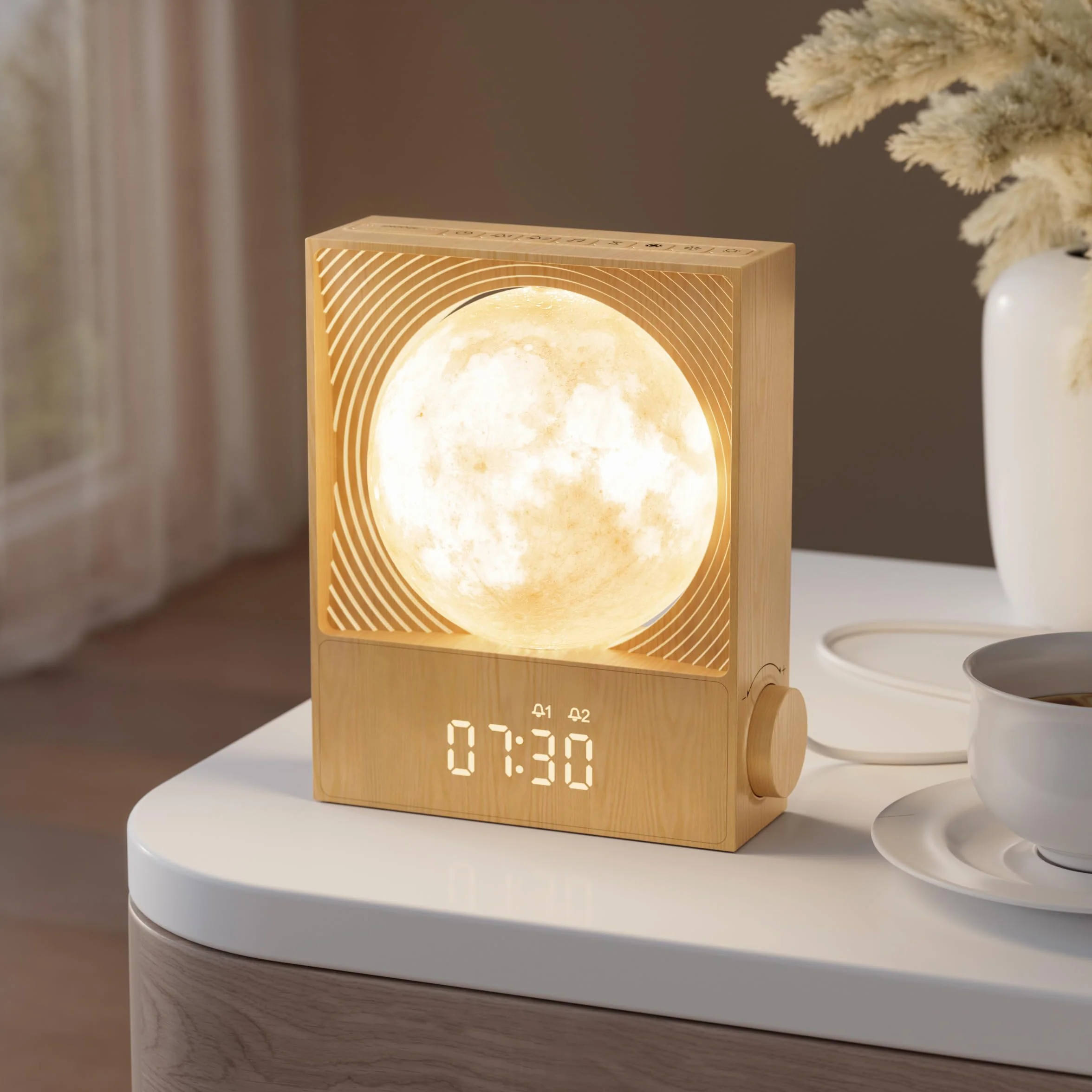 RETEYUNG Réveil Simulateur d'Aube avec Lampe Lunaire Rotative 15 Sonneries Veilleuse 8 Couleurs 3 Luminosités 10 Sons Naturels