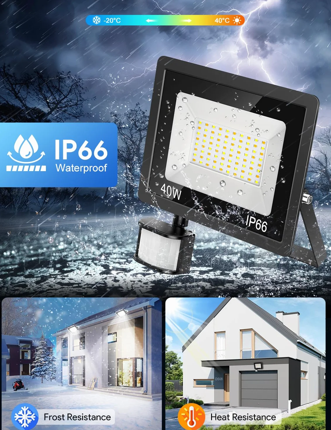 Projecteur LED Extérieur 40W 4500LM IP66 Réglable 3 Couleurs avec Télécommande Détecteur de Mouvement