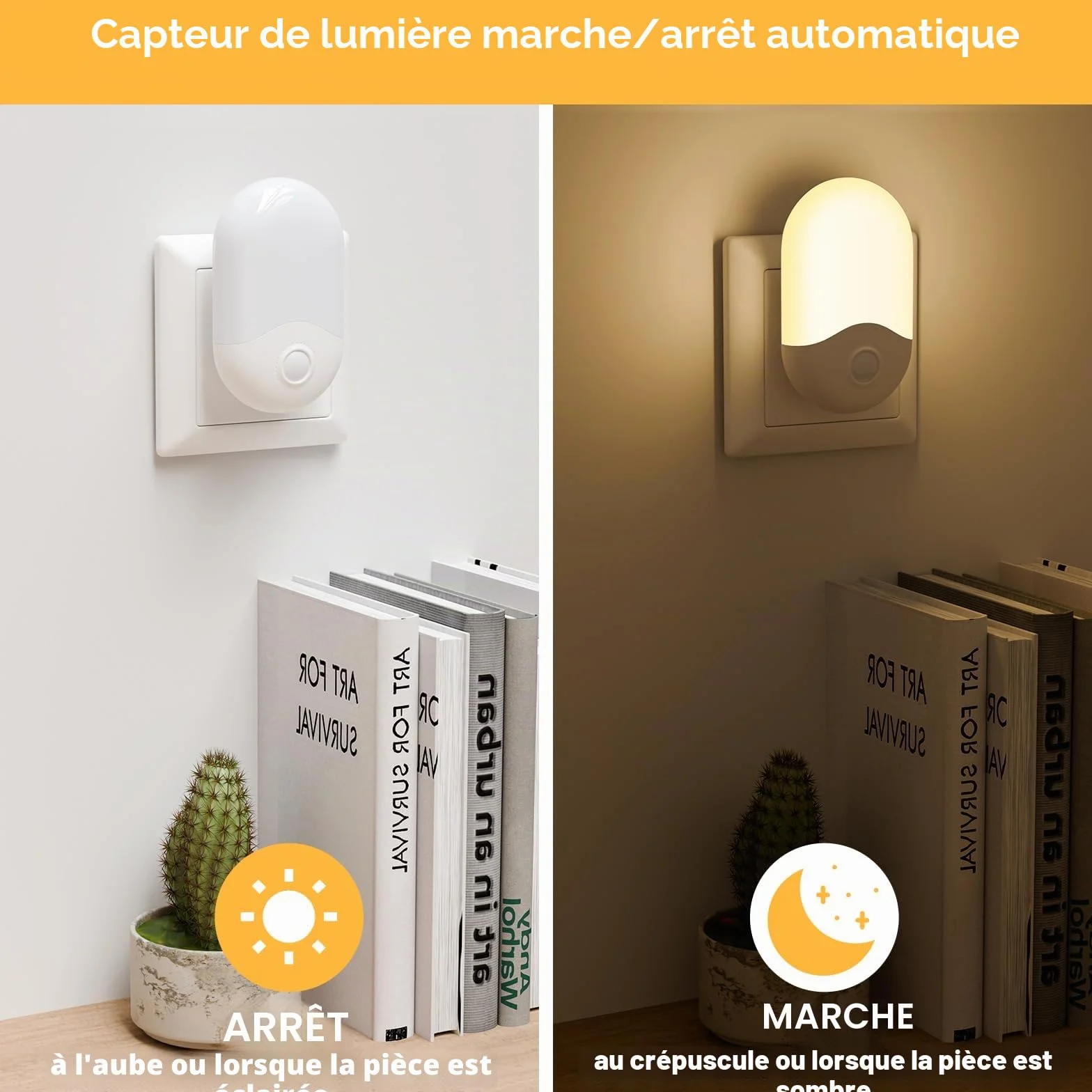 Veilleuse Enfant Capteur Crépuscule Lot de 2 AUTO ON/OFF Lampe Nuit Prise Blanc Chaud 0,5W 30LM
