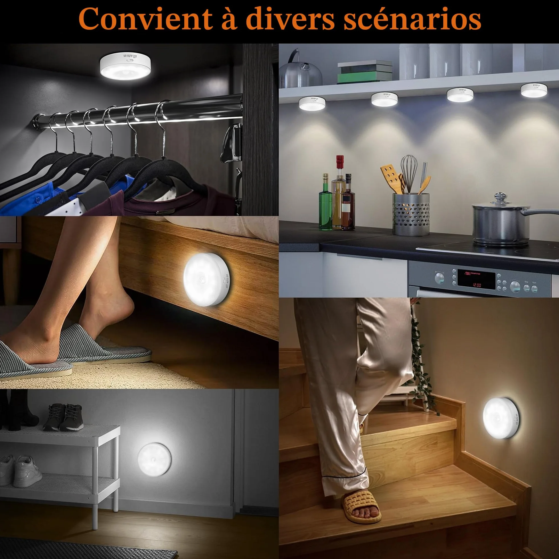daphomeu Lot de 6 veilleuses LED rechargeables USB avec détecteur de mouvement, 3 modes d'éclairage pour escalier, couloir, chambre, cuisine