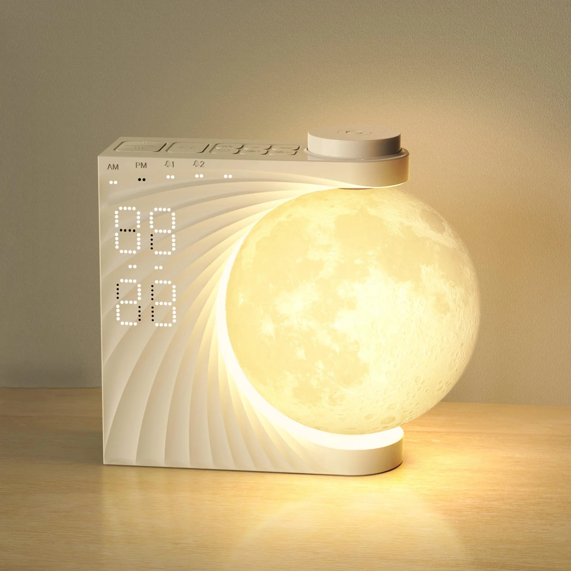 Lampe de Lune avec Réveil Lumineux LED 8 Couleurs, Machine Sonore, Double Alarme, Snooze, 10 Sons Nature