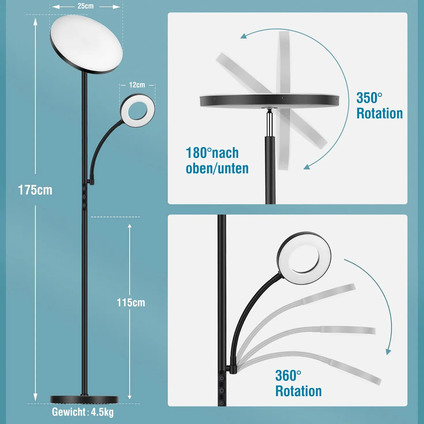 Lampadaire LED Dimmable 42W 4500LM 2700K-6500K avec Télécommande et Contrôle Tactile pour Salon Chambre Bureau