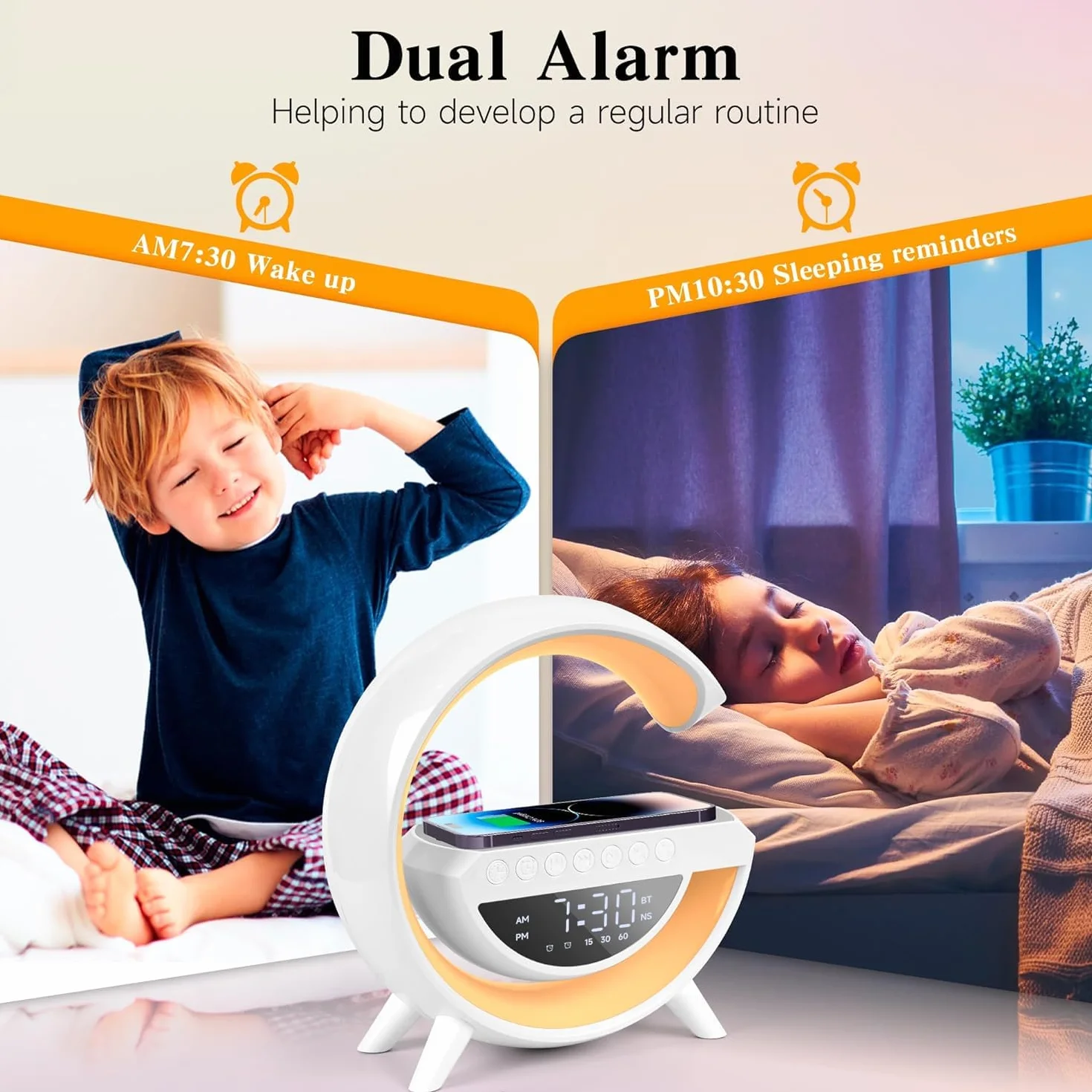 Lampe de Charge Sans Fil Bluetooth Multifonctionnelle 5-en-1 avec Veilleuse RVB et Réveil Numérique