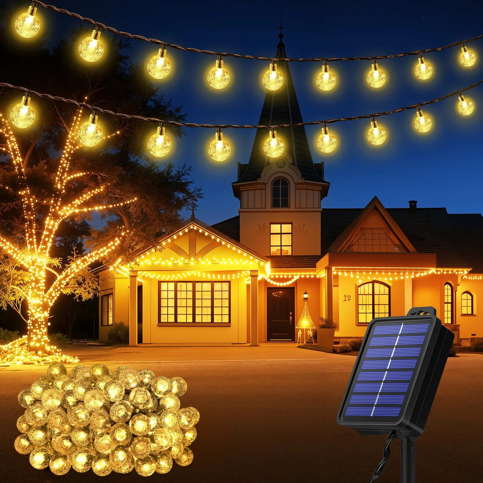 Guirlande Lumineuse Exterieure Solaire 18M 100 LED IP65 8 Modes Blanc Chaud