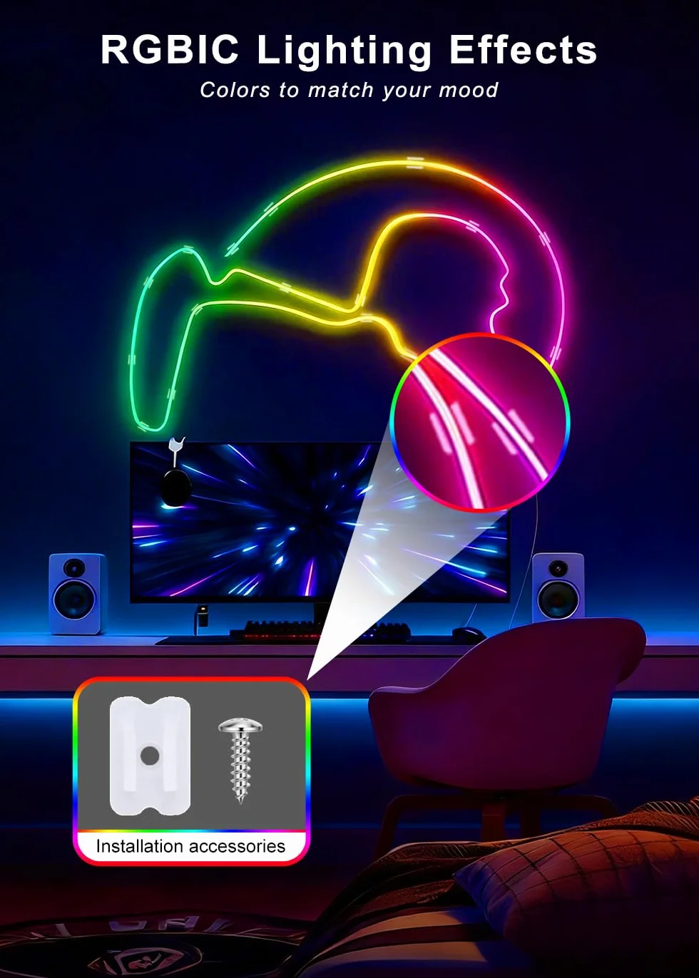 Bandes LED RGBIC 5M, Contrôle Intelligent par App, Flexible Étanche Découpable, Synchronisation Musique