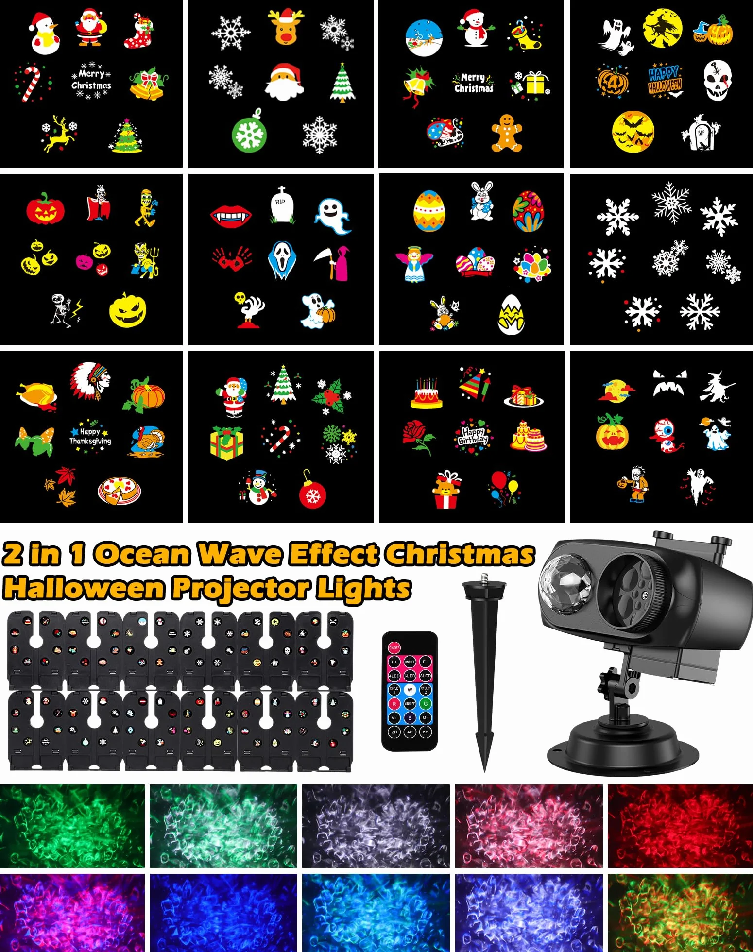 Projecteur Noel Exterieur Étanche avec 12 Diapositives, 10 Effets de Vagues et Télécommande