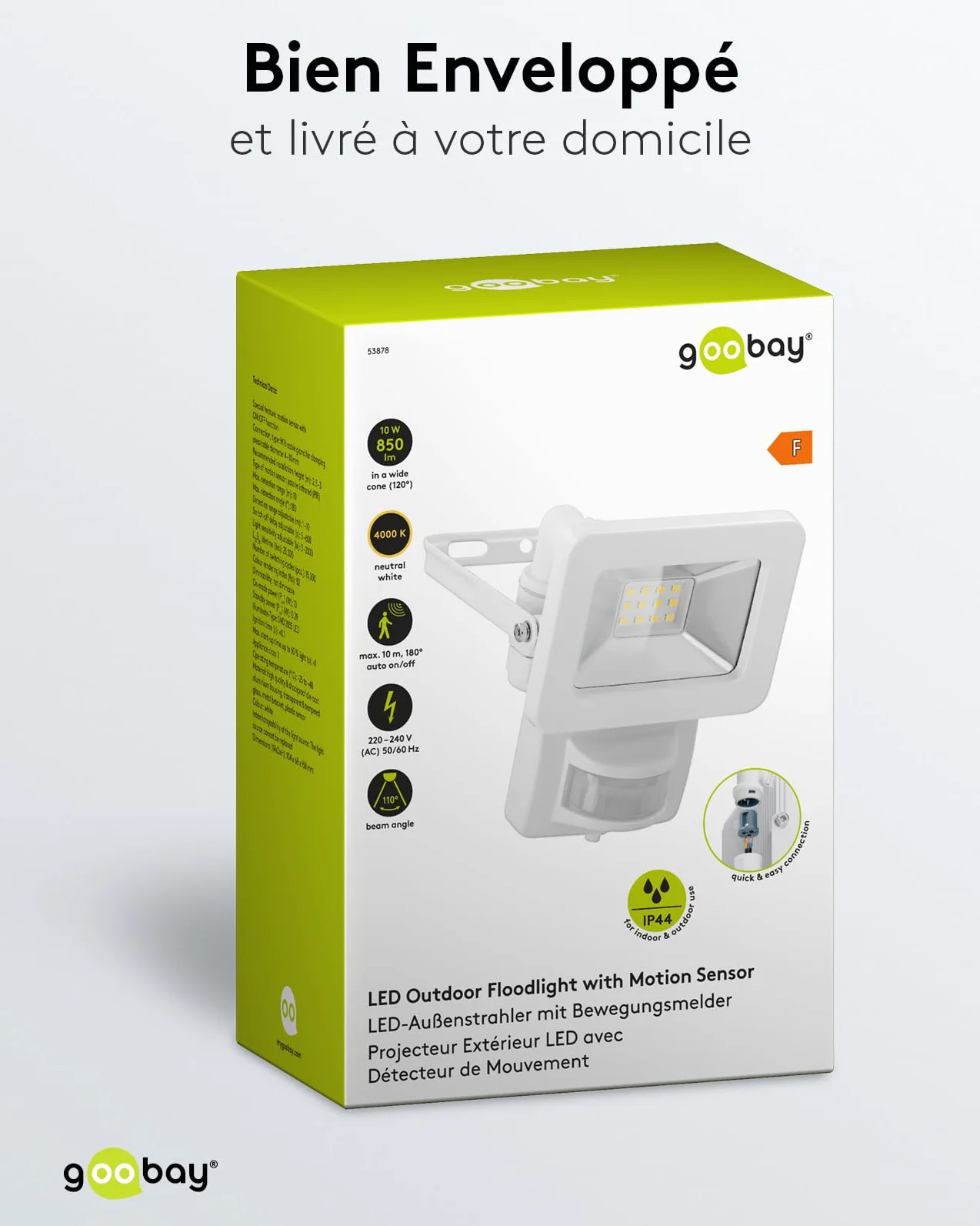goobay Projecteur LED avec détecteur de mouvement 10 W 4000 K 850 lm IP65 Blanc