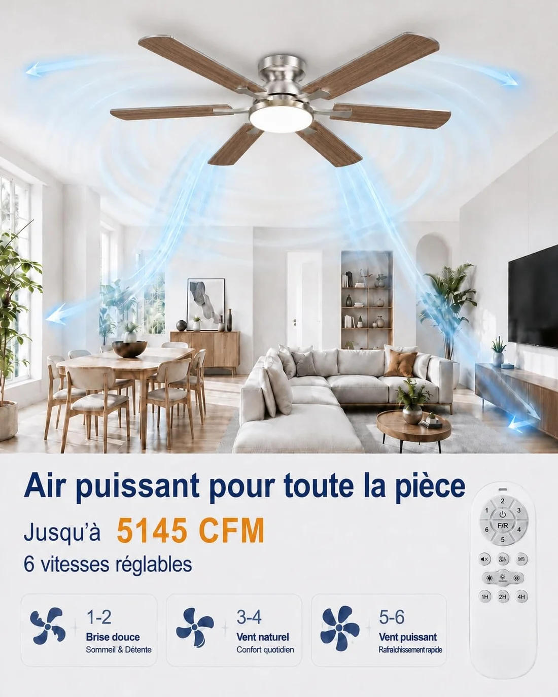 Airwit Ventilateur de Plafond 132 cm avec Lumière LED, Pales Double Face Bois & Argent, Moteur DC Réversible, Télécommande, 6 Vitesses