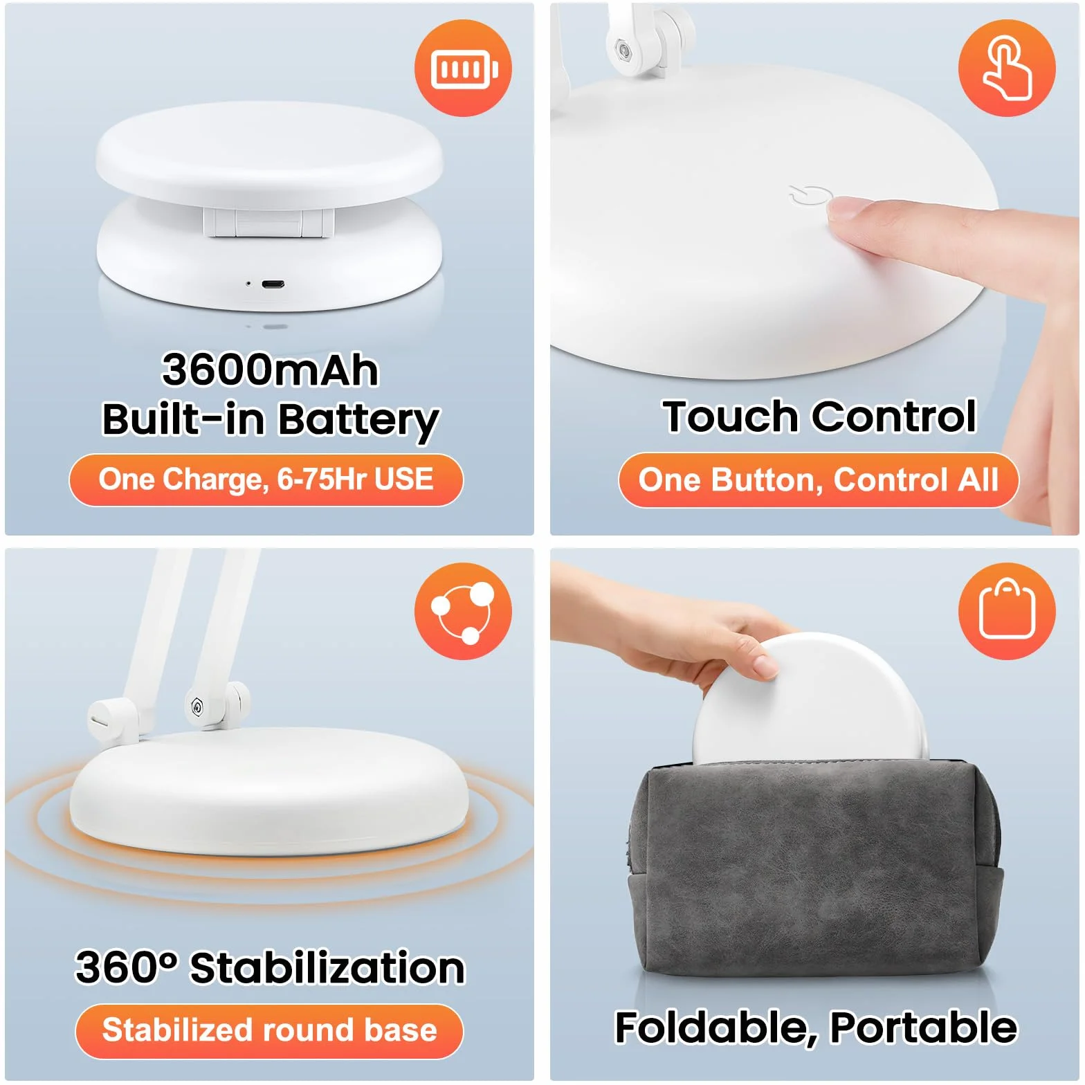 One Fire Lampe de Bureau LED Rechargeable 3600mAh 9 Niveaux de Luminosité Sans Fil Pliable Portable