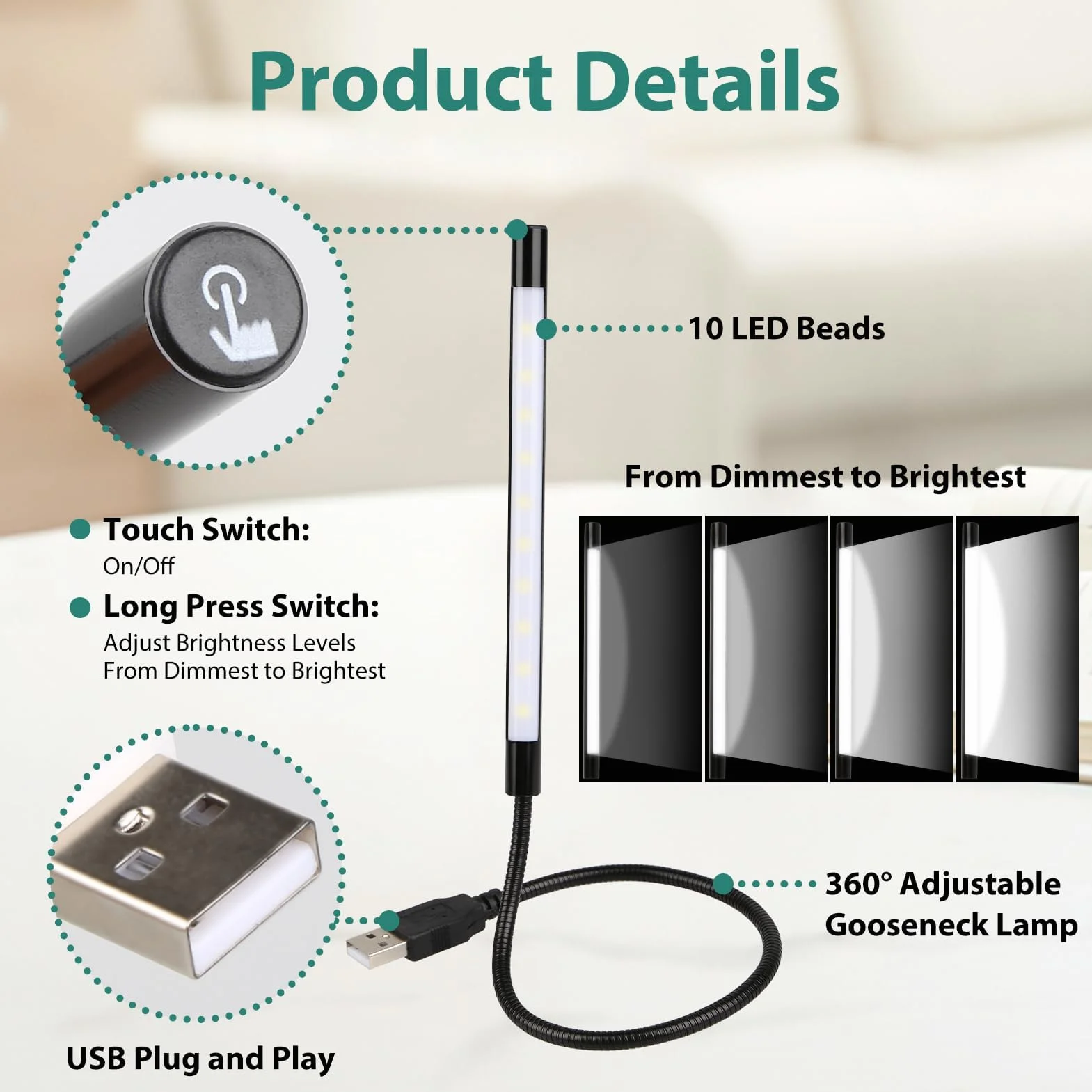 Lampe LED USB Dimmable Flexible avec Col de Cygne 360° Orientable pour Ordinateur PC Portable Bureau Lecture